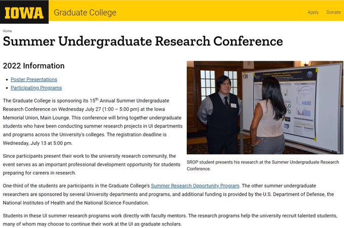 Snapshot of Summer Undergraduate Research Conference page with Information on conference and 2022 iteration. Wit past picture captioned: "SROP student presents his research at the Summer Undergraduate Research Conference."
