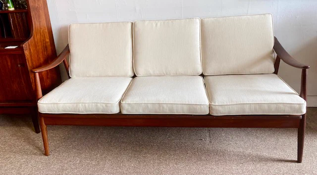Vintage Teak Sofa Reupholstered, Mid Century Modern || $1499 || L 67” D 27” H 31” (1 of 2 images)