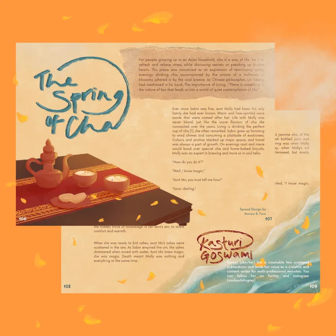 On a tangerine orange background are two spreadsheets for the title 'The Spring of Cha' by Kasturi Goswami. The first spreadsheet features a clay tea set and a small platter of snacks atop a gold-embroidered red tablecloth draped over a brown wooden table. The second spreadsheet features the bright ocean waves lapping on a sandy shore. Scattered across the image are gentle orange-gold petals. 