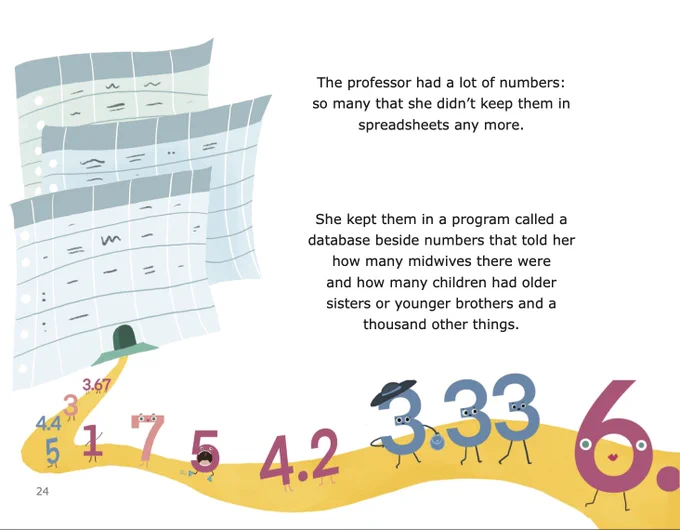 Several tables, each filled with numbers. Text from the story reads:

The professor had a lot of numbers:
So many that she didn't keep them in spreadsheets any more.

She kept them in a program called a database beside numbers that told her how many midwives there were and how many children had older sisters or younger brothers and a thousand other things.