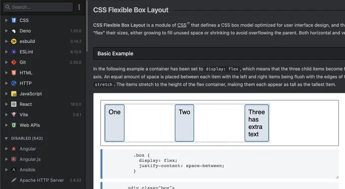 Captura de pantalla de la web devdocs que muestra documentación de diferentes lenguajes de programación como JavaScript y bibliotecas de UI como React. En este caso con un ejemplo sobre CSS y Flexible Box Layout (flex).