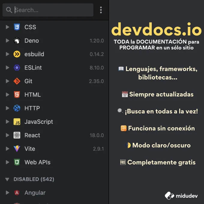 Captura de pantalla de la web devdocs que muestra documentación de diferentes lenguajes de programación como JavaScript y bibliotecas de UI como React.