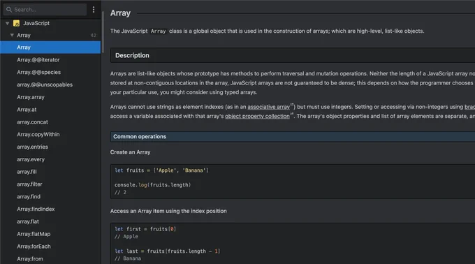 Captura de pantalla de la web devdocs que muestra documentación de diferentes lenguajes de programación como JavaScript y bibliotecas de UI como React. 
En este caso con la documentación sobre Arrays de JavaScript.