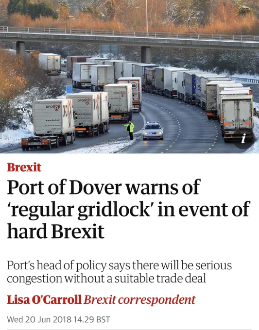 Headline: Port of Dover warns of regular gridlock in event of hard Brexit