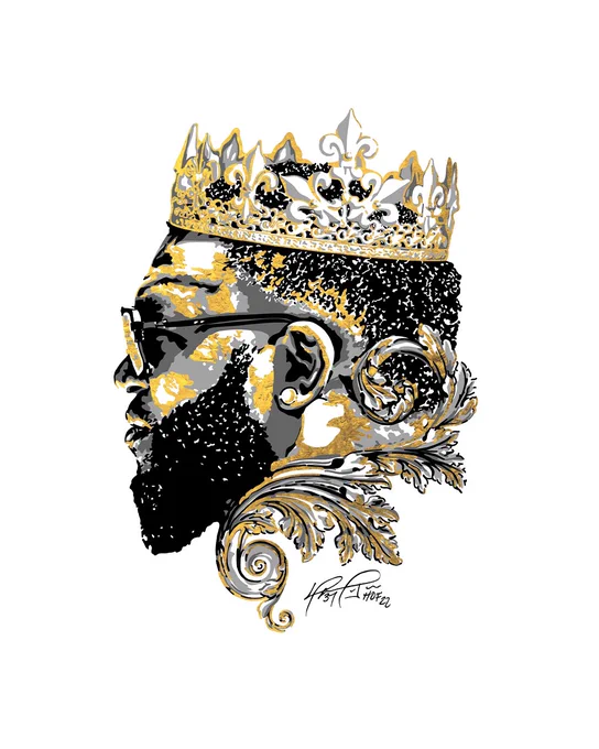 David Ortiz looking like an absolute king in a black and gold illustration with sunglasses, diamond earrings, and a crown. His signature includes “HOF 22” under his name.