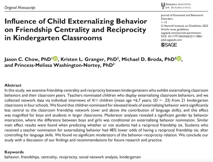 teacher perceptions of child externalizing behavior in children’s friendship centrality and reciprocity