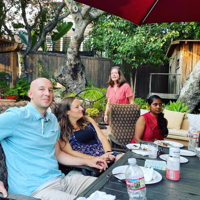 The lab enjoying a lovely dinner outdoors