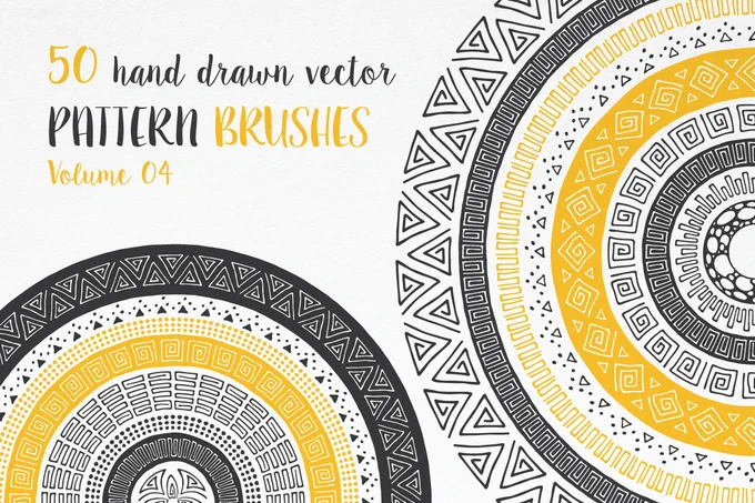 50 HAND-DRAWN VECTOR PATTERN BRUSHES 04 Abstract, Geometric, Tribal, Boho  Set of 50 abstract, geometric, and tribal pattern brushes, which were all hand drawn with love, scanned, and carefully vectorized.