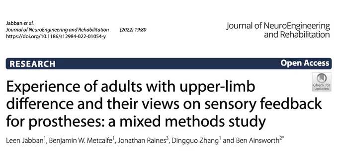 Photo of a research paper titled "Experience of adults with upper-limb difference and their views on sensory feedback for prostheses: a mixed methods study"