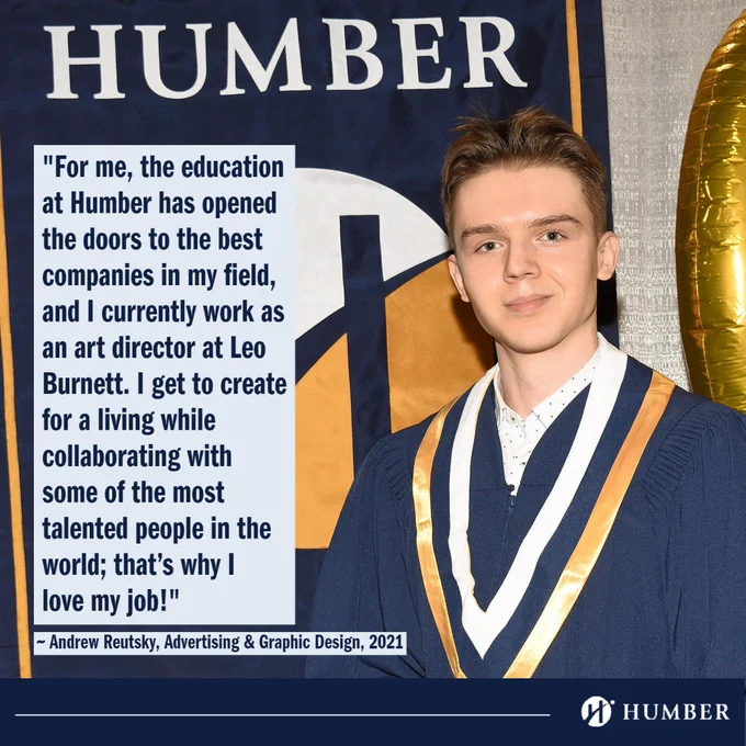 Image of Andrew Reutsky, a person with light brown hair and light skin tone, as he looks at the camera smiling. He is in his graduation gown, navy blue and gold. Text from the quote in the post is in a box to the right and below is his name, program and grad year.
