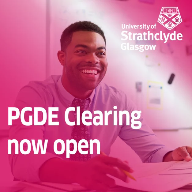 Image of a student at a desk, with university logo and text overlay reading PGDE Clearing now open.
