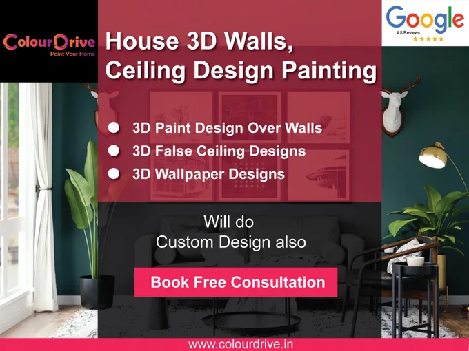 House 2D, 3D Walls, and Ceiling Paint Design services are available at ColourDrive in Bangalore, Hyderabad, Navi Mumbai, Mumbai, Pune, and Indore.

1. 3D Paint Design over Walls
2. 3D False Ceiling Designs
3. 3D Wallpaper Designs
4. Custom Design

#colourdrive #painter #3dfalseceilingdesign #2dwallpaintdesign #house3dwalldesign #3dceilingdesign #3dwallpaperdesigns #3dwallpaintdesign #paintingservices #homewalltexturedesign #paintstencildesign #kidsroomdecor #wallfreehandartdesign #wallfreehandartdesign #homecolourpaint #hallcolourdesign #homewallcolour #paintingimages #interiorhousepaint #drawingroompaint #housecolour #housepaintcolour #housewalldesign