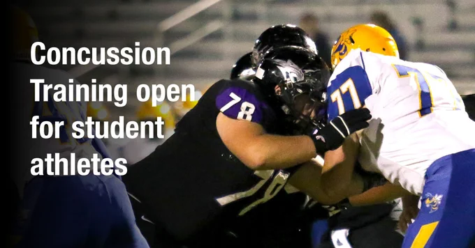Two student athletes playing football pictured. Text on left reads: Concussion Training open for student athletes.