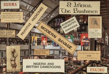 A montage of old problematic museum labels superimposed on image of the museum interior.