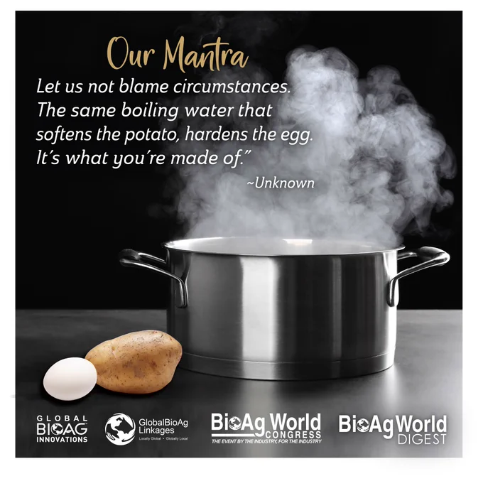 Pot with boiling water, an egg, a potato, logos from Global BioAg Innovations, Global BioAg Linkages, BioAg World Congress, BioAg World Congress.