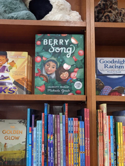 Michaela Goade's picture book BERRY SONG is face out, and centered in a picture book bookcase. Copies of KICKS, GOODNIGHT RACISM, and THE GOLDEN GLOW are also face out, surrounding BERRY SONG.
