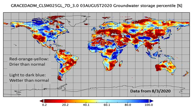 GRACE & GRACE-FO assimilated groundwater storage percentile on August 3rd, 2020, with lower values (warmer colors) indicating drier-than-normal conditions, and higher values (colder colors) indicating wetter-than-normal conditions. This map was generated using the NASA GISS Panoply tool.