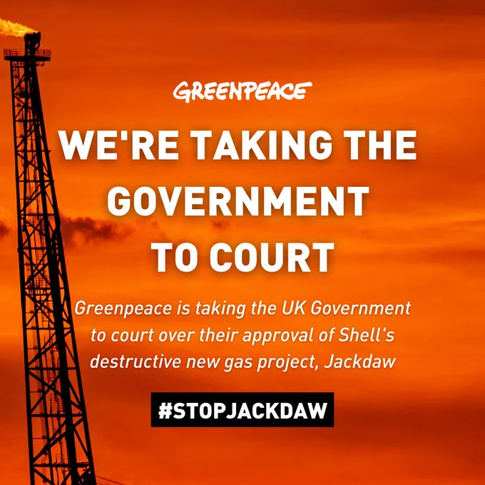 Image of gas project with a bright red-orange sunset. Captioned, 'We're taking the government to court. Greenpeace is taking the UK Government to court over their approval of Shell's destructive new gas project, Jackdaw #StopJackdaw'.