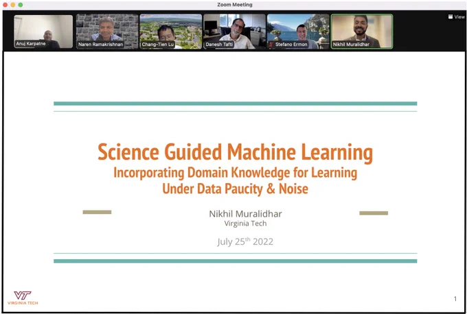 Nikhil Muralidhar's PhD defense Zoom screengrab showing committee members and title.