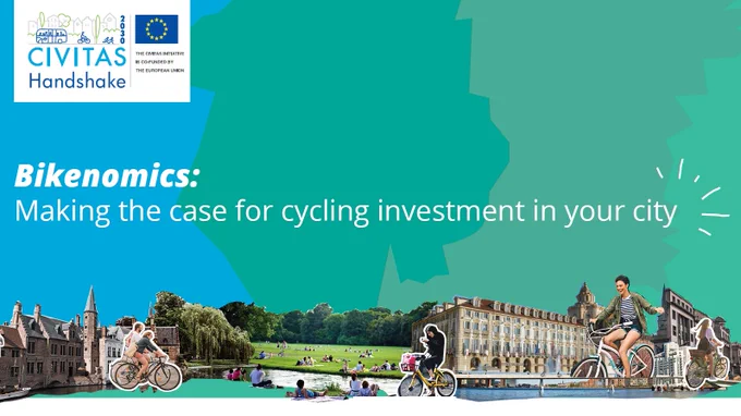 Cover of Bikenomics Guide publication, with the title that reads, "Bikenomics: Making the case for cycling in your city". Cut out cyclists and city scapes are seen running along the bottom of the cover. 