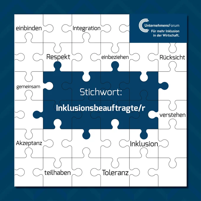 Man sieht ein Puzzle: Auf einem Stück in der Mitte steht: "Inklusionsbeauftragter", andere Puzzleteile sind beschrieben mit: einbinden, gemeinsam, teilhaben, Respekt, Integration, Inklusion." 