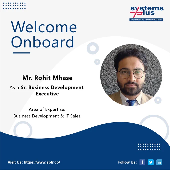 Congratulations Mr. Rohit Mhase on being a part of our dynamic team!

Systems Plus Transformations family welcomes you and we hope to have a long and successful journey together.

Welcome aboard!

#NewJoiners #Employees #Jobs #WorkForceSPTR #TeamSPTR #SystemsPlusTransformations