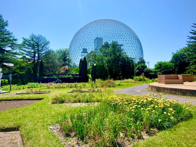 A garden in the foreground with Montreal's geodesic Biosphere looming in the background. Looks like an x-ray of a golf ball.