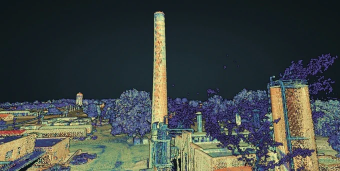 Three-dimensional image of vertical obstructions captured at the Muscatatuck Urban Training Center. (Photo Credit: U.S. Army Engineer and Research Development Center)