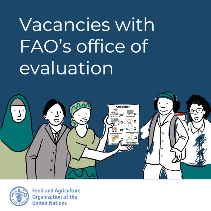 Text reads Vacancies with FAO's office of evaluation. Cartoon image of different people holding a checklist.