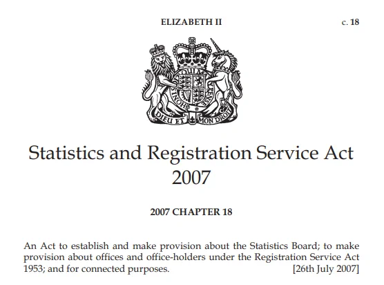 A picture of the royal seal on top of the words Statistics and Registration Service Act 2007 - taken from the legislation.