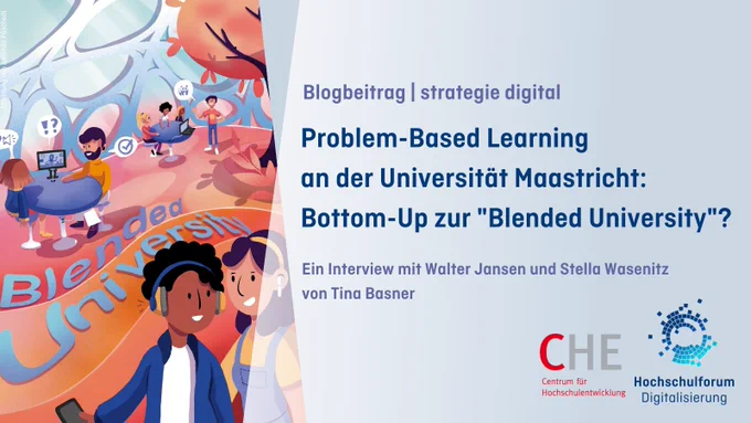 Hintergrundbeschreibung: Zeichnung einer "Zukunftsuni", Text: Blogbeitrag | strategie digital, Problem-Based Learning an der Universität Maastricht: Bottom-Up zur "Blended University"?, Ein Interview mit Walter Jensen und Stella Wasenitz