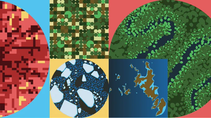 A collage of images showing what land cover can look like from space including urban areas, trees, farmland, water, and ice sheets. 