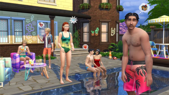 An image of teen townies hanging out at a pool, featuring content in the free base game update, including body hair, new phone cases, wants & fears, and curved walls.