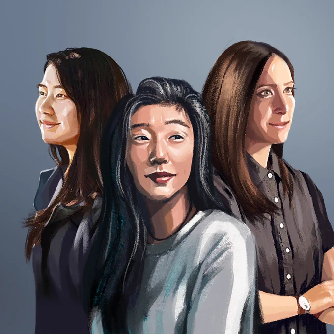 Illustrated portraits of the three women who participated in this Q and A, against a gray background.