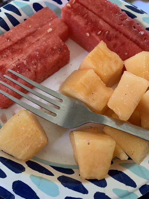 A plate with pieces of cold watermelon and orange fleshed honeydew, sprinkled with a grind of pink Himalayan salt. And a fork. Refreshing!!!