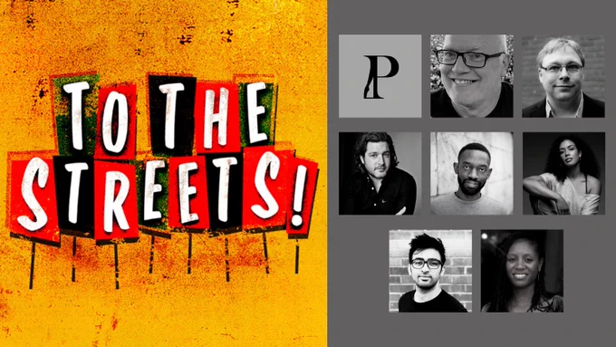 Photographs of 7 people smiling directly to camera, alongside the 'To The Streets!' artwork. 