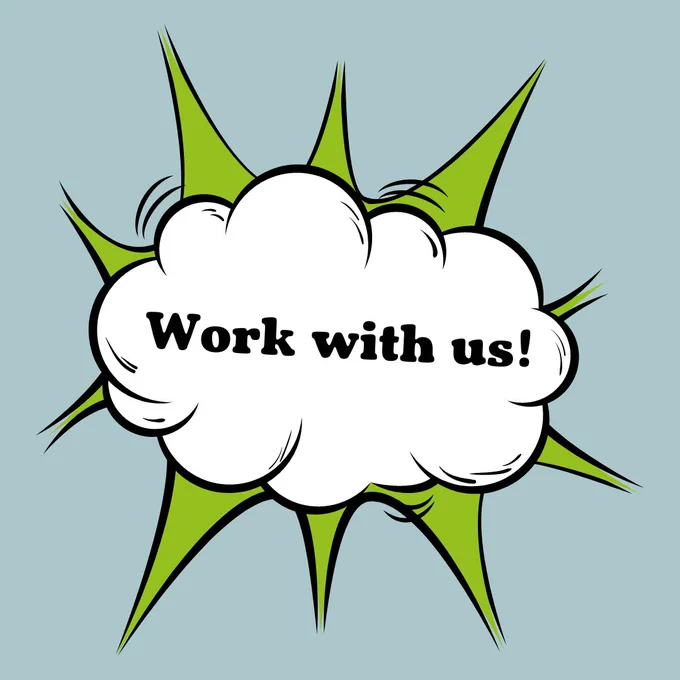 Image of a cloud with the words "work with us!" inside