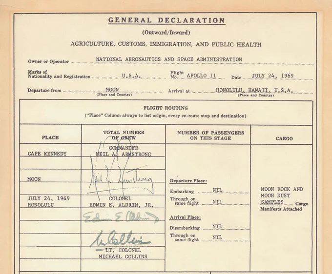Customs form entitled "General Declaration" for Apollo 11, dated July 24, 1969 with the departure from field listed as Moon and arrival at field listed as Honolulu, Hawaii, USA. The 3 crewmembers of the Apollo 11 mission have signed the form and "Moon rock and moon dust samples" is listed as the cargo.