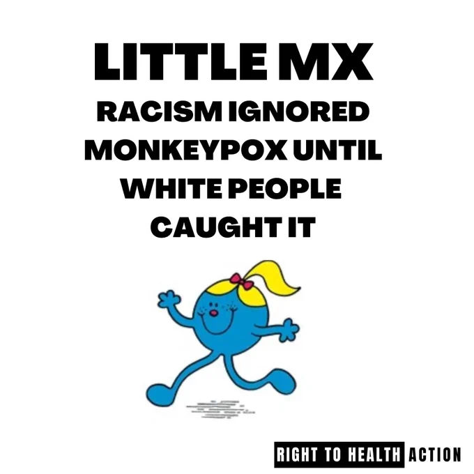 "Little Miss" character in blue with blond ponytail running, title text: Little Mx racism ignored monkeypox until white people caught it