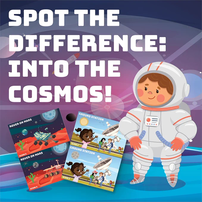 An illustration of an astronaut with text that reads: "Spot the Difference: Into the Cosmos!"