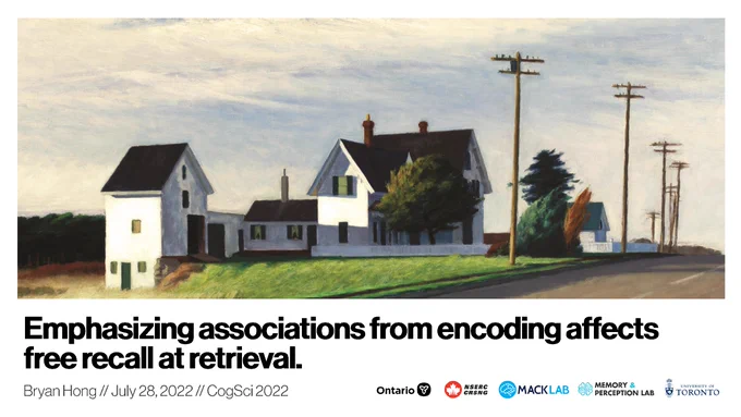 Title slide for a presentation at CogSci 2022 titled "Emphasizing associations from encoding affects free recall at retrieval" by Bryan Hong. Contains a painting of "Route 6, Eastham" by Edward Hopper.