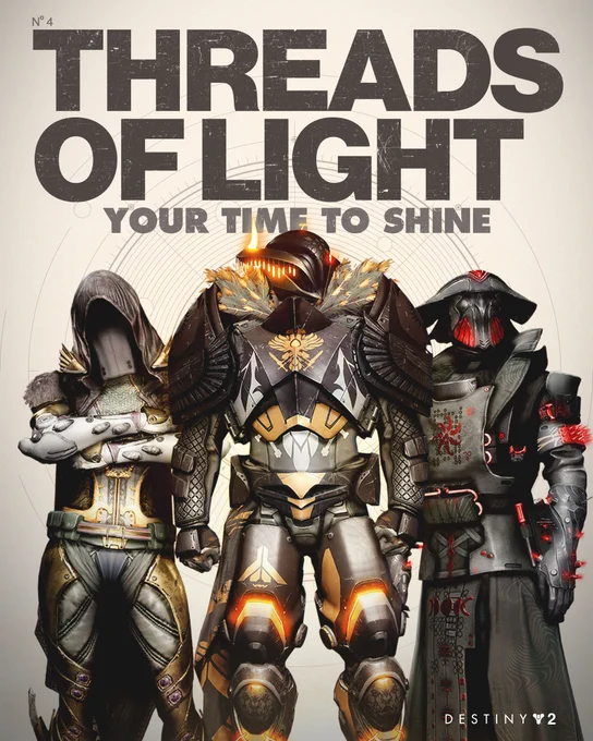 A Hunter, Titan, and Warlock outfitted in unique in-game fashion stand side-by-side on the cover of Threads of Light.