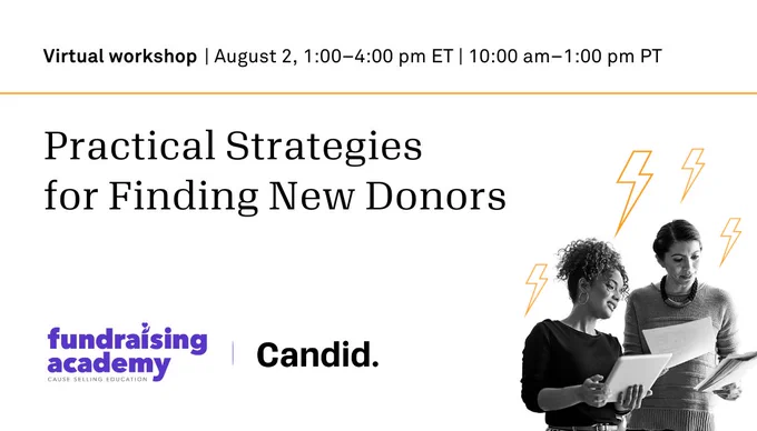 Two coworkers exchange reports in the office. Text promotes Candid’s upcoming virtual workshop, Practical Strategies for Finding New Donors, on Tuesday, August 2, 2022.