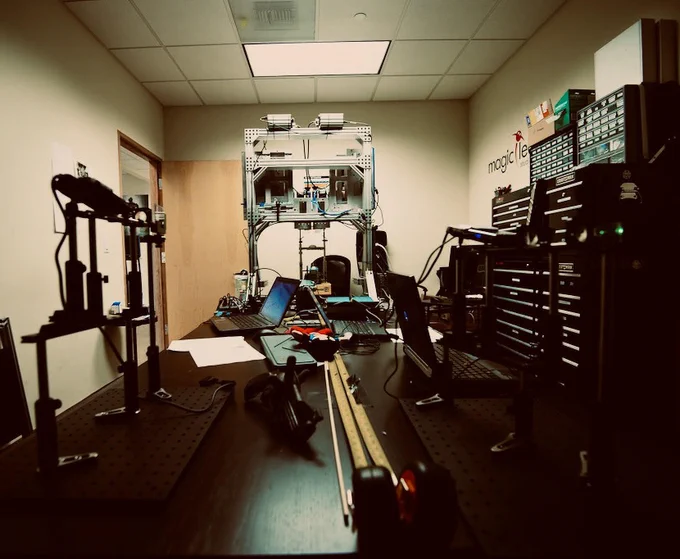 Picture of Magic Leap's Beast prototype in a small and cluttered conference room that was striving towards achieving "neurologically-true reality."