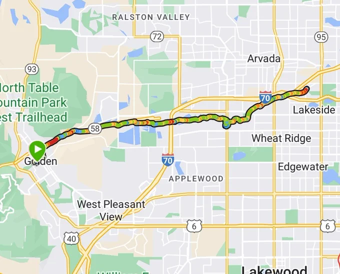 Map showing a ~23 mile round trip bike ride from Golden Colorado. 