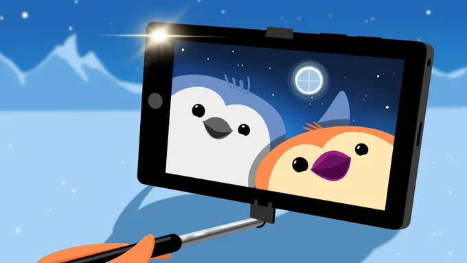 Illustration of two penguins, one blue and one orange, taking a selfie with a selfie stick. The moon in the background looks like the Quarto logo. Art by Allison Horst.