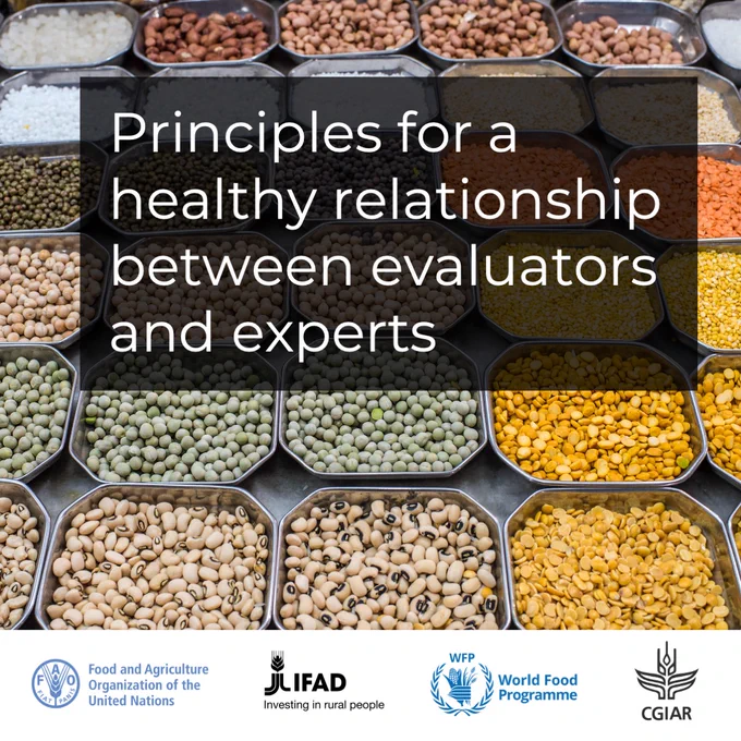 Text reads Principles for a healthy relationship between evaluators and experts. Background image of boxes of different pulses (lentils, beans)