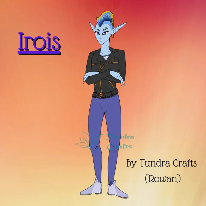 A peach gradient background with black and purple text reading "Irois. By Tundra Crafts (Rowan)
In the middle is an illustration of a slender figure with blue-grey skin and a yellow edged tuna fin in place of a mohawk. The person is wearing form fitting grey bodysuit and sleek shoes, covered by a black bikers jacket with gold/brass zips. 
Several piercings dot their face and long elven ears.
Small eyebrows look like they might be fins.