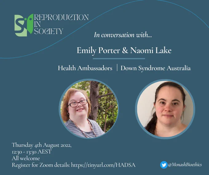 A flyer advertising an online seminar with Emily Porter & Naomi Lake, health ambassadors from Down Syndrome Australia. 