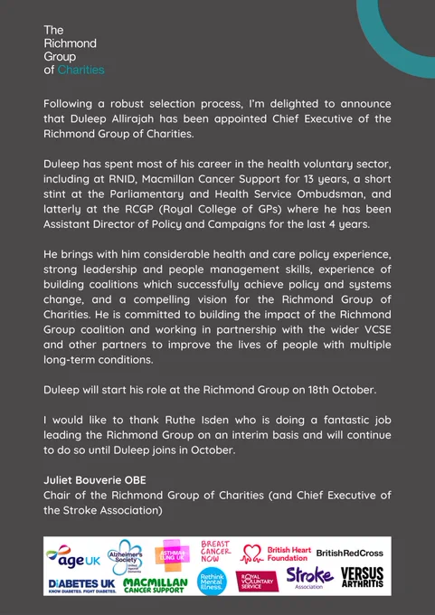 The statement from Juliet Bouverie announcing the appointment of Duleep Alirajah as Chief Executive of the Richmond Group of Charities. Duleep will start his role on 18th October